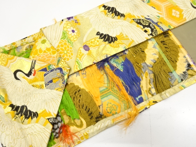  アンティーク　鶴に鼓・草花模様織り出し名古屋帯（材料）